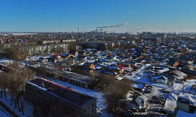 Panorama of the city of Togliatti overlooking Lenin Street in the rays of the morning sun. stock photos Panorama of the city of Togliatti overlooking Lenin Street in the rays of the morning sun. stock photos