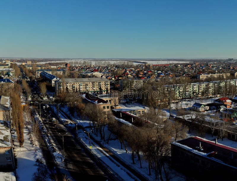 Panorama of the city of Togliatti overlooking Lenin Street in the rays of the morning sun. royalty free stock images Panorama of the city of Togliatti overlooking Lenin Street in the rays of the morning sun. royalty free stock images