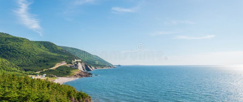 Panorama of a coastal scene on the cabot trail stock images