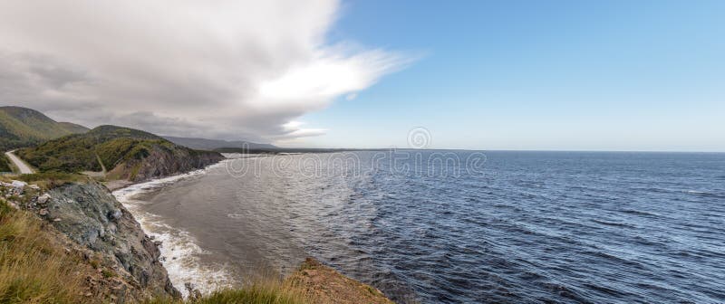 Panorama of Coastal Scene on the Cabot Trail in Nova Scotia royalty free stock images