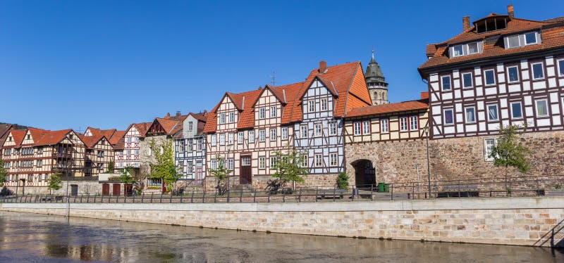 Panorama of colorful houses at the Fulda riverside in historic H