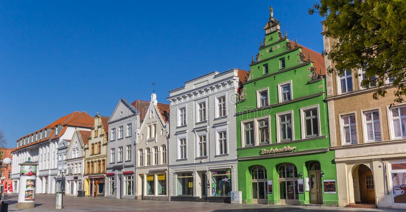 Panorama of colorful shops on the market square of Gustrow