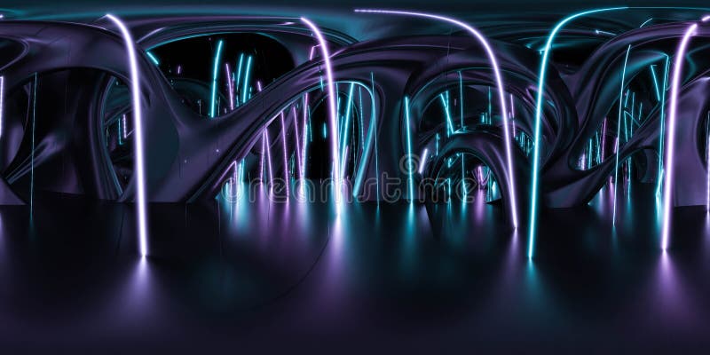 Panorama completo de 360 grados de futurista edificio interior con luces de neón 3d render ilustración hdri hdr vr estilo libre illustration