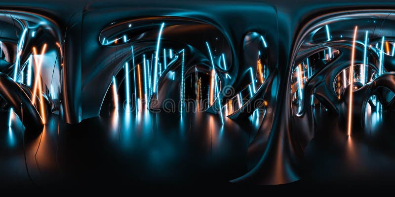Panorama completo de 360 grados de futurista edificio interior con luces de neón 3d render ilustración hdri hdr vr estilo stock de ilustración