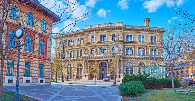 Panorama of Corvinus University building and Fovam Square, Budapest, Hungary
