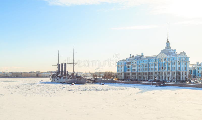 Panorama of the cruiser Aurora in St. Petersburg in winter royalty free stock photography Panorama of the cruiser Aurora in St. Petersburg in winter royalty free stock photography