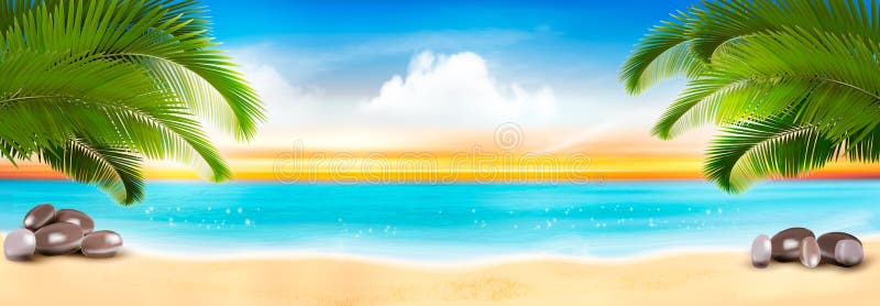 Panorama das f?rias de ver?o Praia tropical com uma palmeira e um mar azul