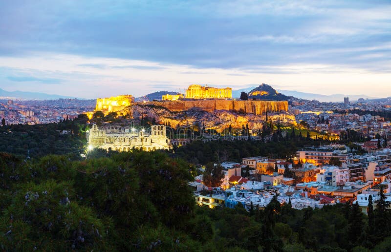 Panorama of Athens with Acropolis in Athens, Greece in the evening after sunset. Panorama of Athens with Acropolis in Athens, Greece in the evening after sunset