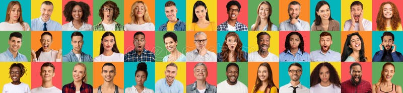 Panorama de diverses personnes multiculturelles exprimant différentes émotions photographie stock