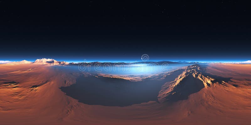 Panorama de 360 grados del desierto frío en marte. entorno de paisaje marciano hdri map. esférico de proyección equirectangular
