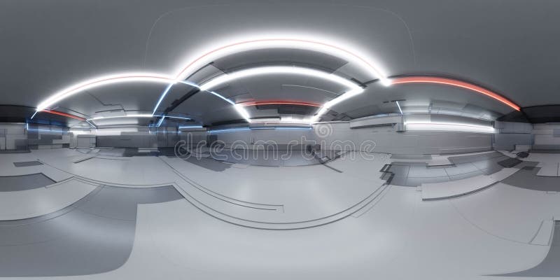 Panorama de 360 grados de tecnología futurista moderna estación espacial barco laboratorio cifi 3d ilustración de representación h ilustración del vector