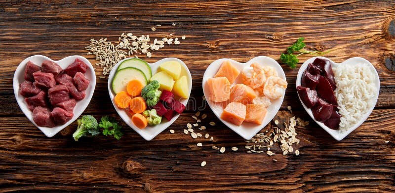 Panorama de ingredientes frescos saudáveis para alimentos para animais de estimação imagem de stock Panorama de ingredientes frescos saudáveis para alimentos para animais de estimação imagem de stock