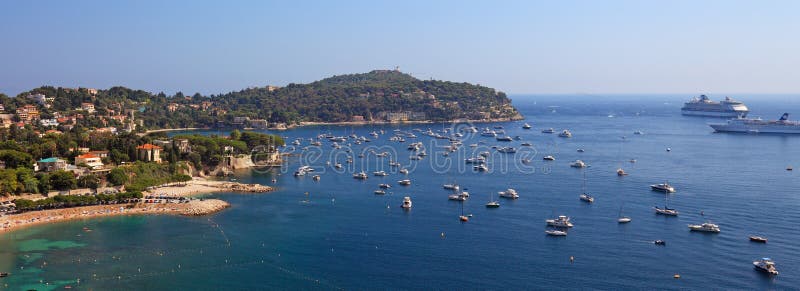 French riviera panorama Provence Nice Monaco Cannes beach yachts yacht coast cote dazur France famous blue sea sky summer water, cruise ships liners. French riviera panorama Provence Nice Monaco Cannes beach yachts yacht coast cote dazur France famous blue sea sky summer water, cruise ships liners