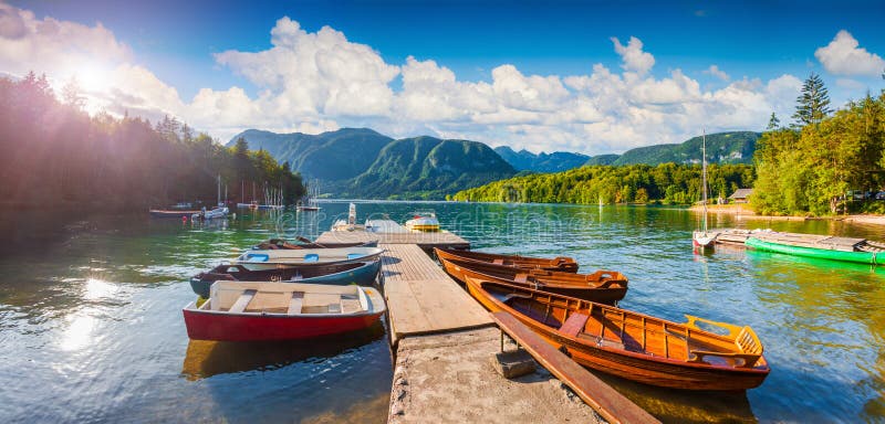 Panorama de matin ensoleillé d'été sur le lac Bohinj photo stock Panorama de matin ensoleillé d'été sur le lac Bohinj photo stock