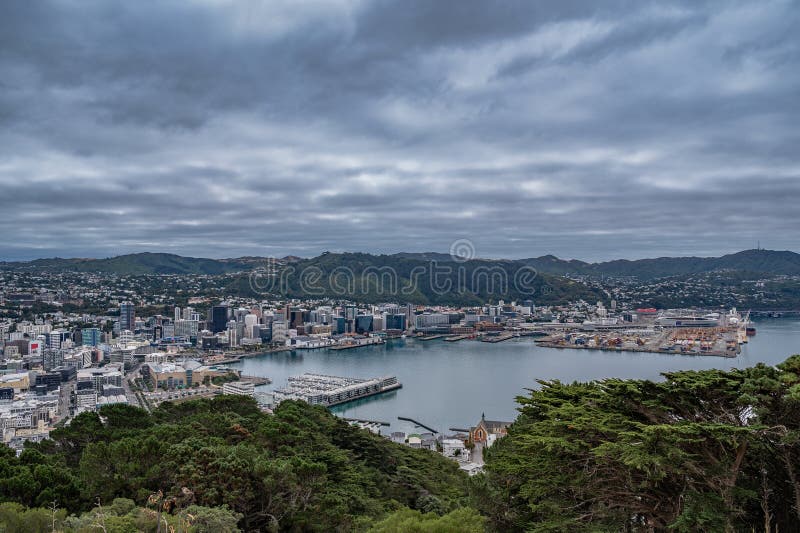 Panorama de wellington city par jour nuageux images stock