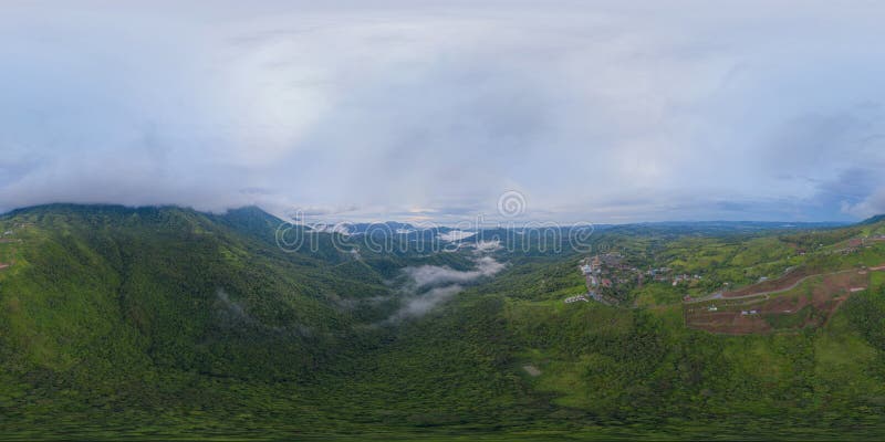 360 panorama by 180 degrees angle seamless panorama of aerial top view of green Mountain hill. Nature landscape background in