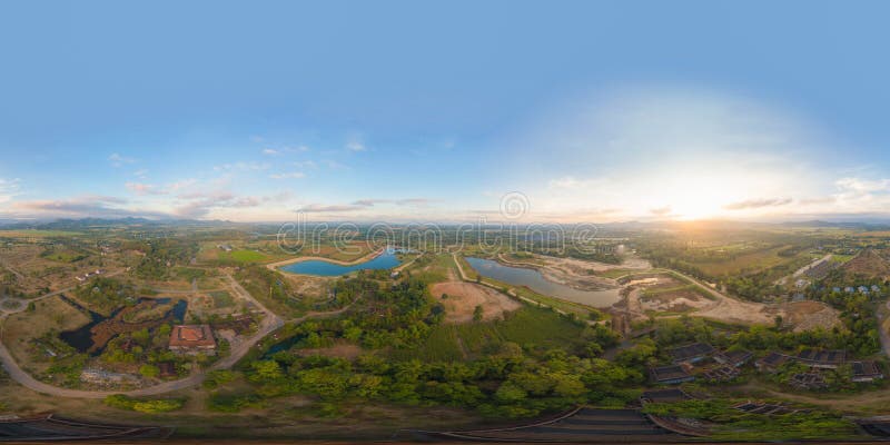 360 panorama by 180 degrees angle seamless panorama of aerial view of hotel resort with green mountain hill. Nature landscape