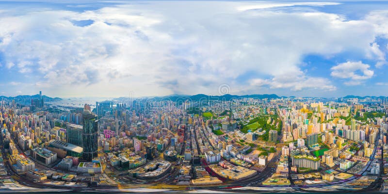 360 panorama by 180 degrees angle seamless panorama view of aerial view of Hong Kong Downtown. Financial district and business
