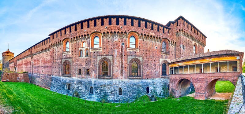 Panorama of medieval Sforza's Castle with deep moat and Ponticella di Ludovico il Moro, Milan, Italy. Panorama of medieval Sforza's Castle with deep moat and Ponticella di Ludovico il Moro, Milan, Italy