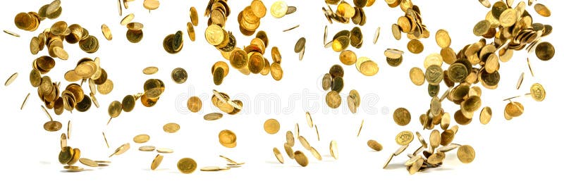 Panorama del dinero de las monedas de oro que cae aislado en el backg blanco