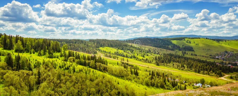 Panorama del paesaggio di estate con la foresta e le colline, Russia