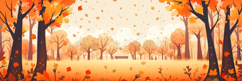 Panorama del parque otoñal con hojas coloridas en caída. fondo de banner con espacio de copia ilustración digital ai generativo stock de ilustración