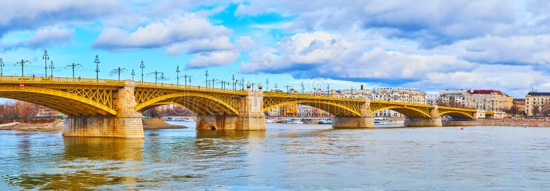 Panorama of beautiful Margaret Bridge Margit Hid across Danube River with yellow metal connecting sections, Budapest, Hungary. Panorama of beautiful Margaret Bridge Margit Hid across Danube River with yellow metal connecting sections, Budapest, Hungary