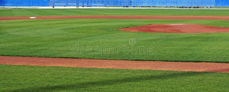 Panoramic view of a baseball diamond, showing the pitcher's mound and second base. Panoramic view of a baseball diamond, showing the pitcher's mound and second base