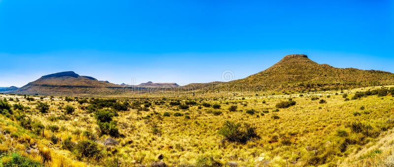 Panorama of the Endless wide open landscape of the semi desert Karoo Region in Free State and Eastern Cape provinces in South Africa under blue sky. Panorama of the Endless wide open landscape of the semi desert Karoo Region in Free State and Eastern Cape provinces in South Africa under blue sky