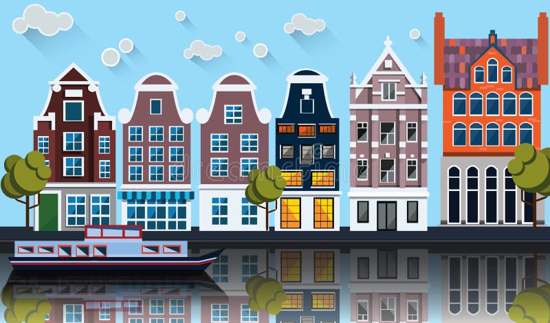 Panorama di Amsterdam Canale, barca, case illustrazione vettoriale Panorama di Amsterdam Canale, barca, case illustrazione vettoriale