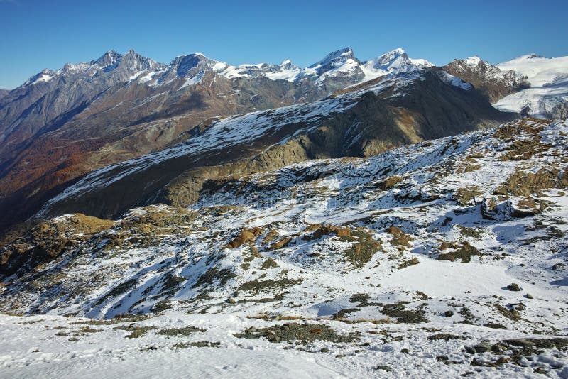 Panorama Di Inverno Delle Alpi Dal Paradiso Del Ghiacciaio Del Cervino Svizzera Immagine Stock Panorama Di Inverno Delle Alpi Dal Paradiso Del Ghiacciaio Del Cervino Svizzera Immagine Stock