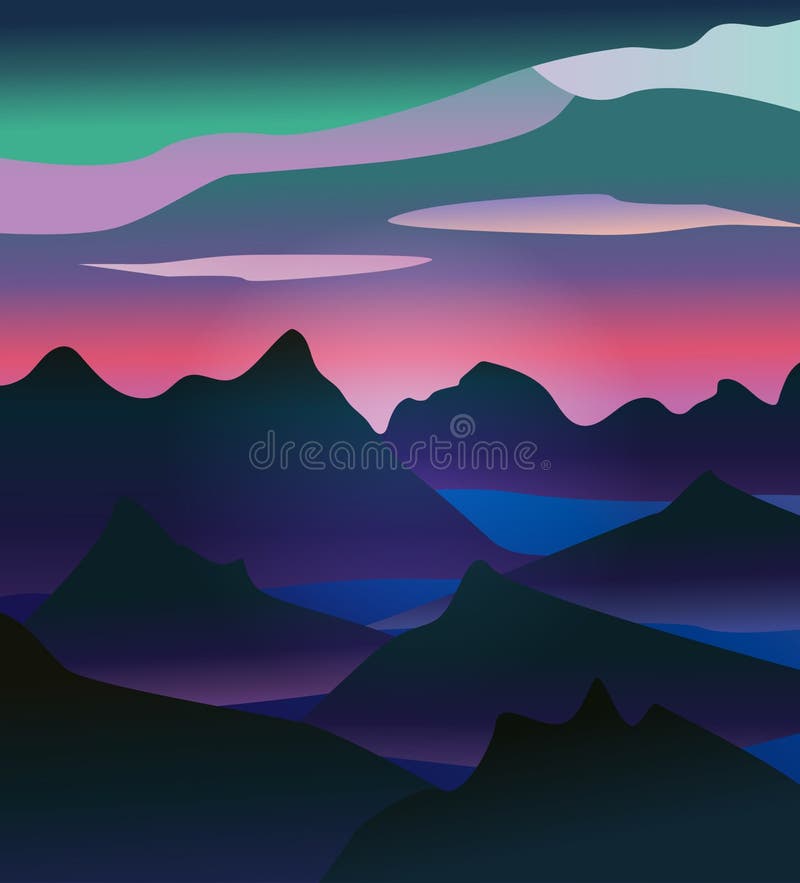 Panorama di montagna con cielo rosa e nuvole nel paesaggio etereo. Illustrazione vettoriale royalty illustrazione gratis