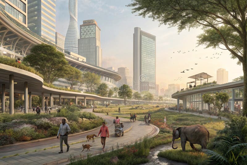 Panorama di paesaggio urbano ecologico con umani e animali coesistenti di ampia composizione orizzontale architettura moderna con illustrazione vettoriale