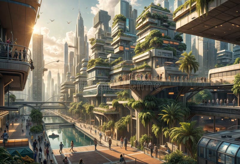 Panorama di paesaggio urbano ecologico con umani e animali coesistenti di ampia composizione orizzontale architettura moderna con illustrazione vettoriale
