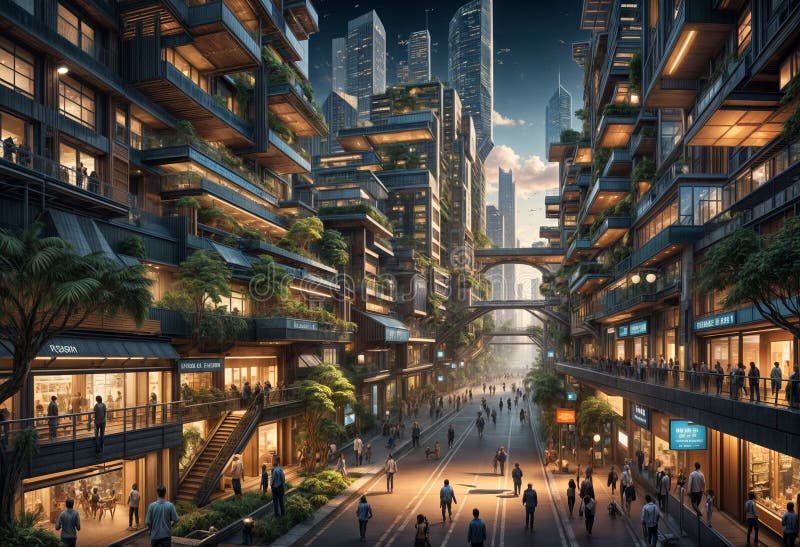Panorama di paesaggio urbano ecologico con umani e animali coesistenti di ampia composizione orizzontale architettura moderna con illustrazione vettoriale