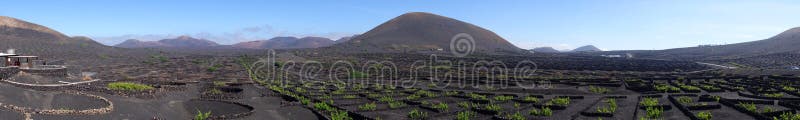 Panorama di vinicolo in La Geria sull'isola di Lanzarote, isole Canarie fotografia stock libera da diritti Panorama di vinicolo in La Geria sull'isola di Lanzarote, isole Canarie fotografia stock libera da diritti