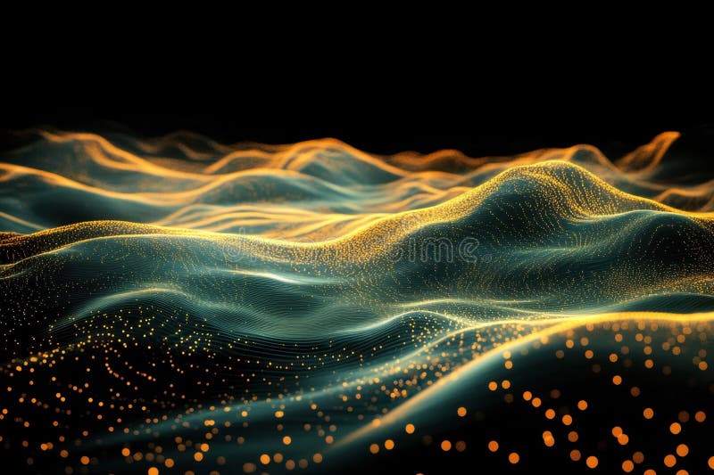 Panorama digitale vibrante con onde fluenti e particelle luminose in composizione astratta illustrazione vettoriale