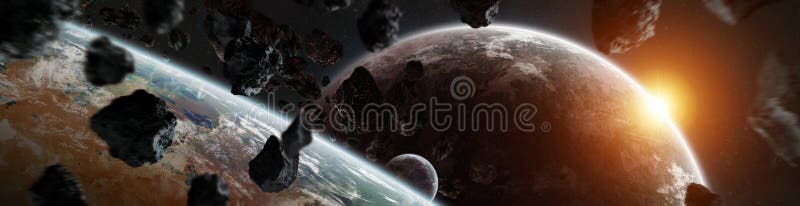 Panorama of distant planet system in space 3D rendering elements of this image furnished by NASA stock illustration Panorama of distant planet system in space 3D rendering elements of this image furnished by NASA stock illustration