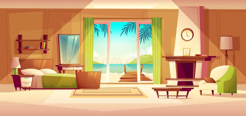 Panorama do vetor do interior da casa de campo Quarto do hotel tropical, recurso, conceito do turismo ilustração royalty free Panorama do vetor do interior da casa de campo Quarto do hotel tropical, recurso, conceito do turismo ilustração royalty free