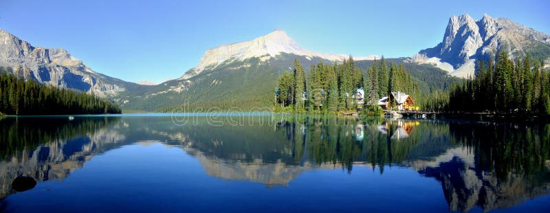 Panorama of Emerald Lake, Yoho National Park, British Columbia royalty free stock photography