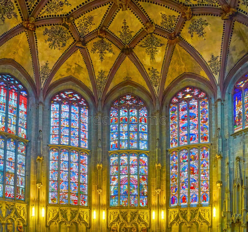 Panorama of Ensemble of Stained Glass Windows in Bern Minster, on March