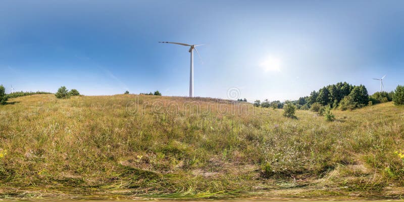 Full seamless spherical hdri panorama 360 degrees angle view near windmill propeller in equirectangular projection, VR AR virtual reality content. Wind power generation. Pure green energy. Full seamless spherical hdri panorama 360 degrees angle view near windmill propeller in equirectangular projection, VR AR virtual reality content. Wind power generation. Pure green energy