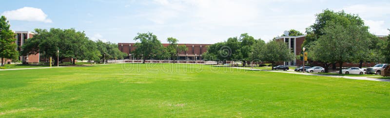 Panorama grassy campus quad courtyard, several historic buildings in background, large meadow front yard college green space under sunny summer cloud blue sky in Texas, education, landscaping. USA