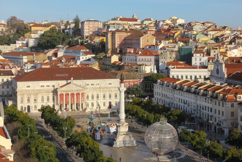 Panorama. Het nationale vierkant van Teather en Rossio-. Lissabon. Portugal stock foto's Panorama. Het nationale vierkant van Teather en Rossio-. Lissabon. Portugal stock foto's
