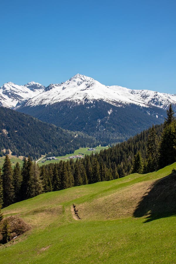 Panorama of high partly snowy mountains at blue sky