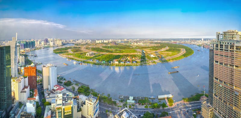 Panorama High view Saigon skyline when the sun shines down urban