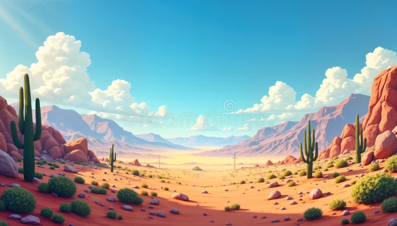 Panorama i ökenlandskap. Kakti från glesvegetation växer mellan rödaktiga bergarter. Oljedag med blå himmelmoln. berggrund stock illustrationer