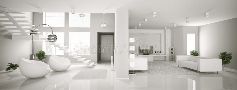 Panorama interno 3d dell'appartamento bianco