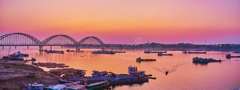 Panorama of Irrawaddy river and New Sagaing bridge, Mandalay, Myanmar