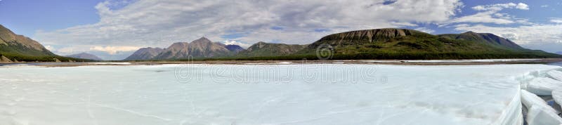 Panorama of the July of the ice-field on the river